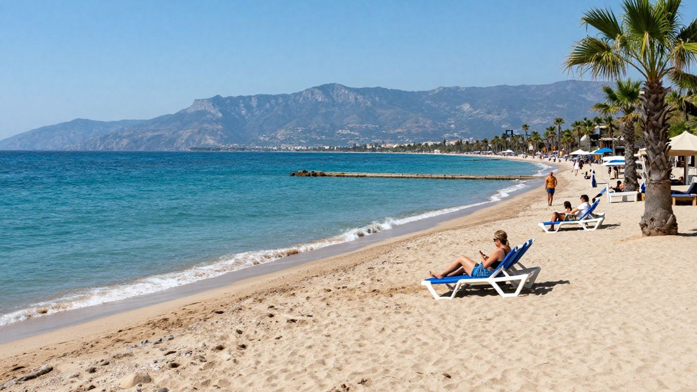 Beautiful beach in Antalya, Turkey with clear blue water.