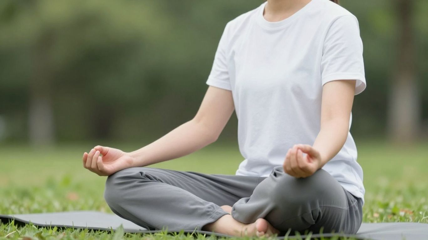 Femeie meditând în natură, simbolizând echilibrul interior.