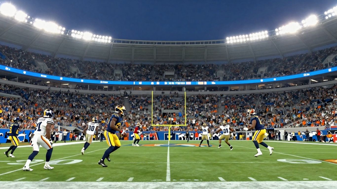 NFL game at night with stadium lights and players.