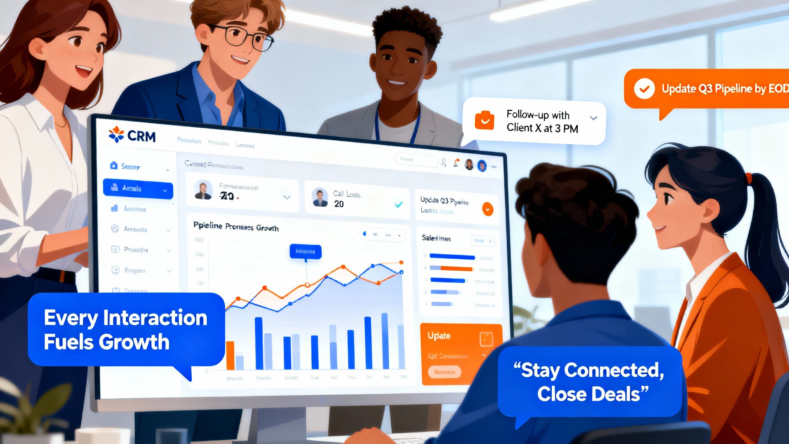 Modern business illustration: startup team tracking communication and sales progress with reminders and branded quotes in a CRM