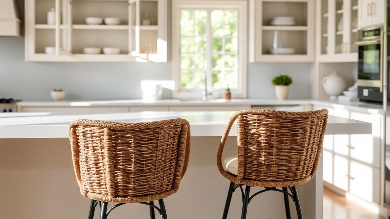 Stylish wicker bar stools at a kitchen island.