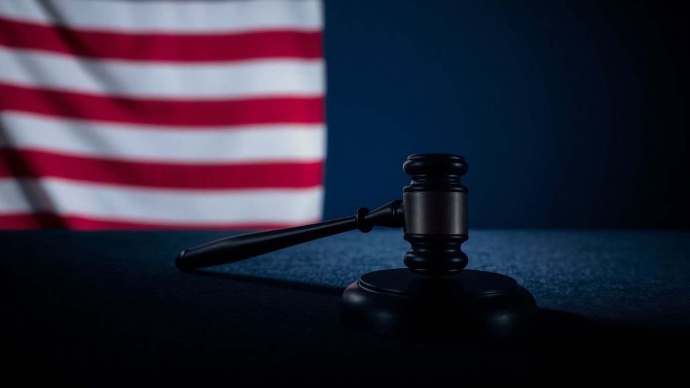 Gavel on a surface with a blurred American flag.