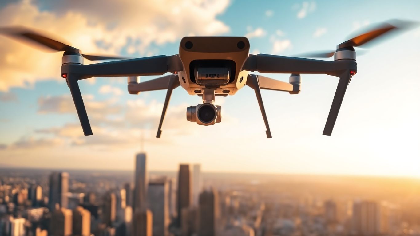 Drone flying over a city skyline.