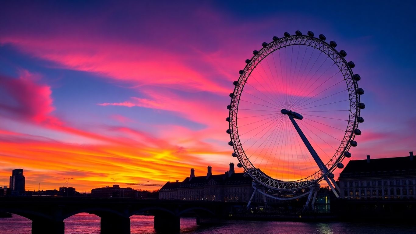 London Eye at sunset with River Thames.