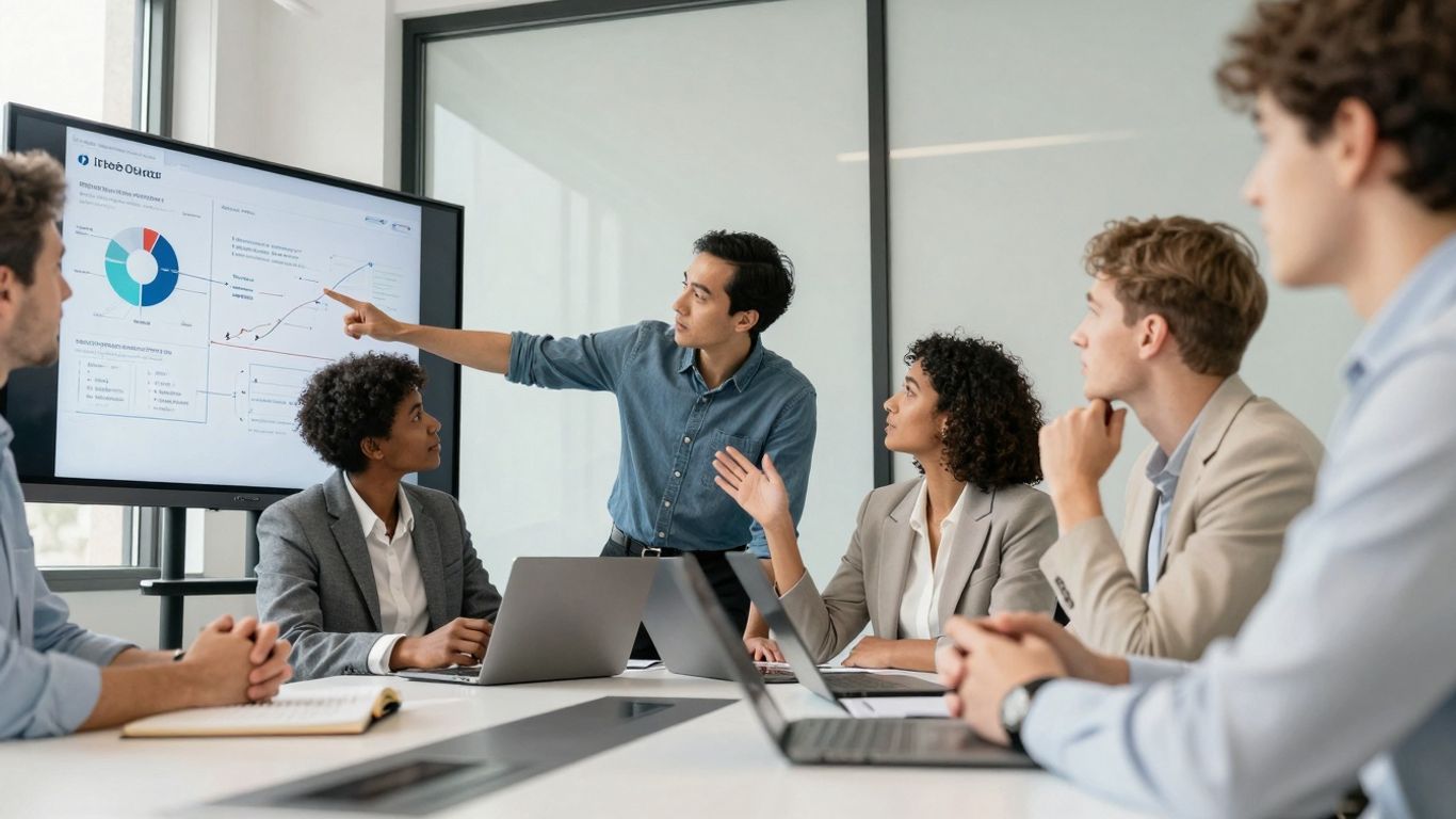 Marketing agency professionals collaborating in a modern office setting.