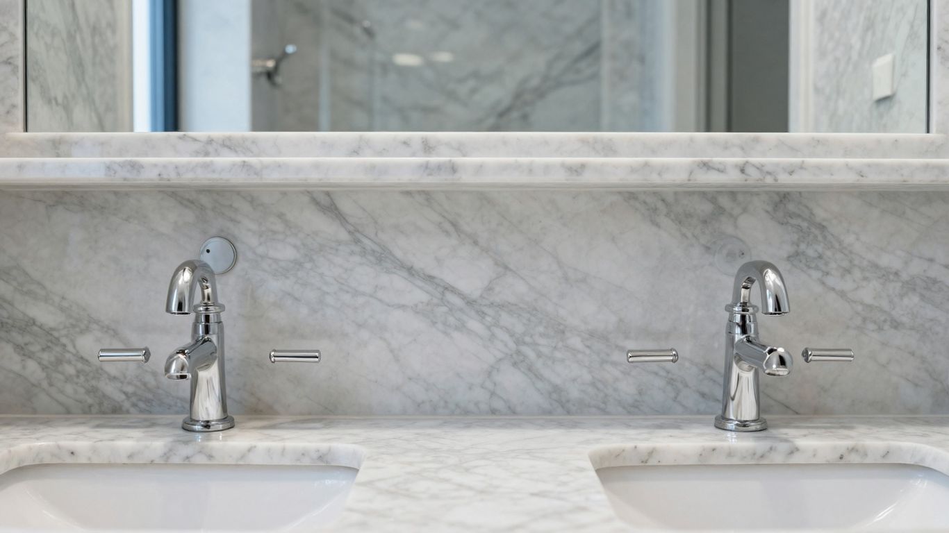 Thassos white marble vanity and backsplash in a bathroom.