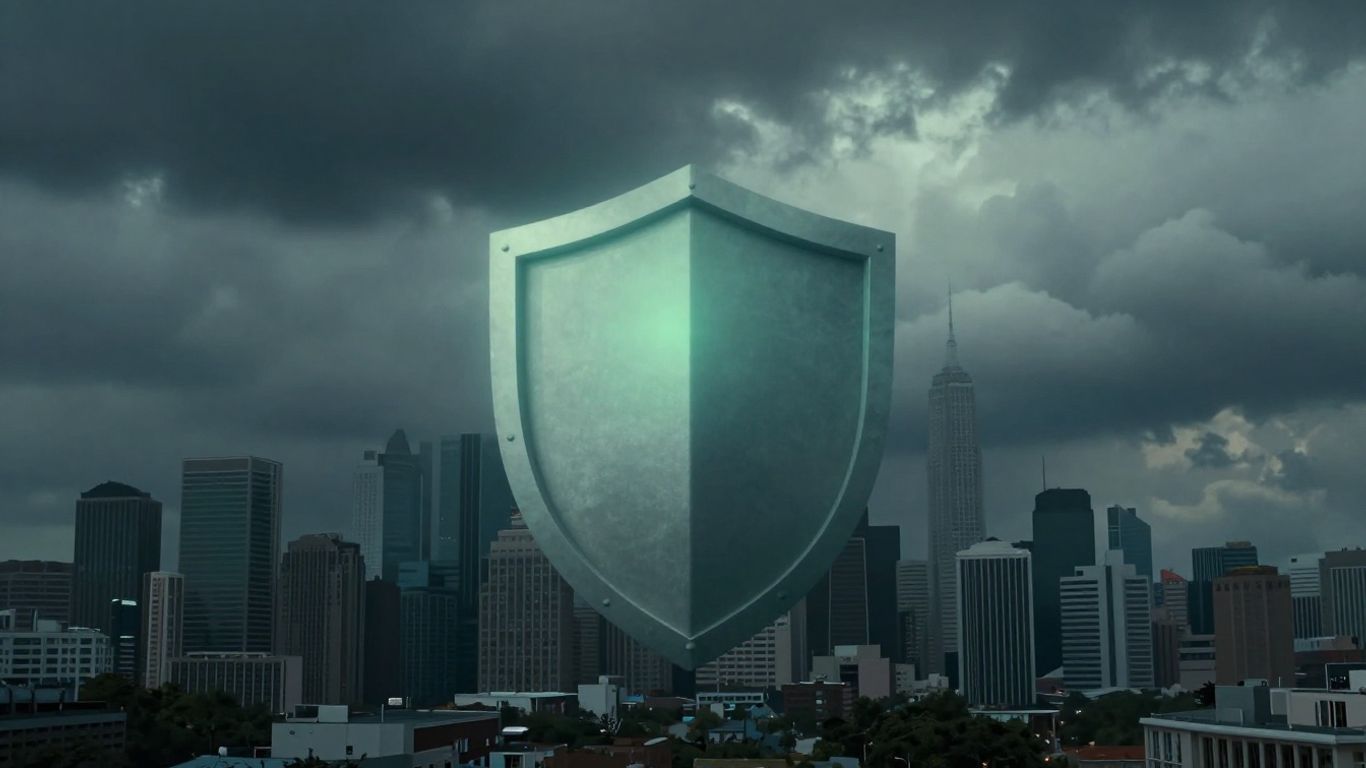 City skyline under stormy clouds with protective shield.