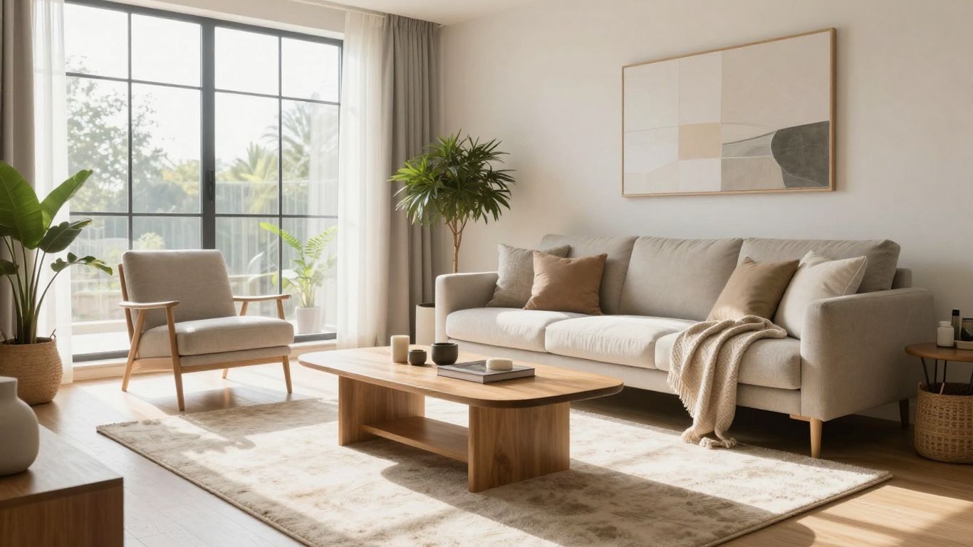 Stylish furniture in a sunlit Atlanta Airbnb living room.