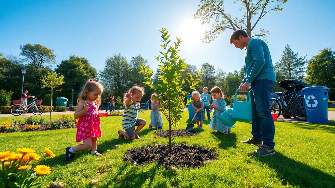 Copii plantează copaci într-un parc pentru sustenabilitate
