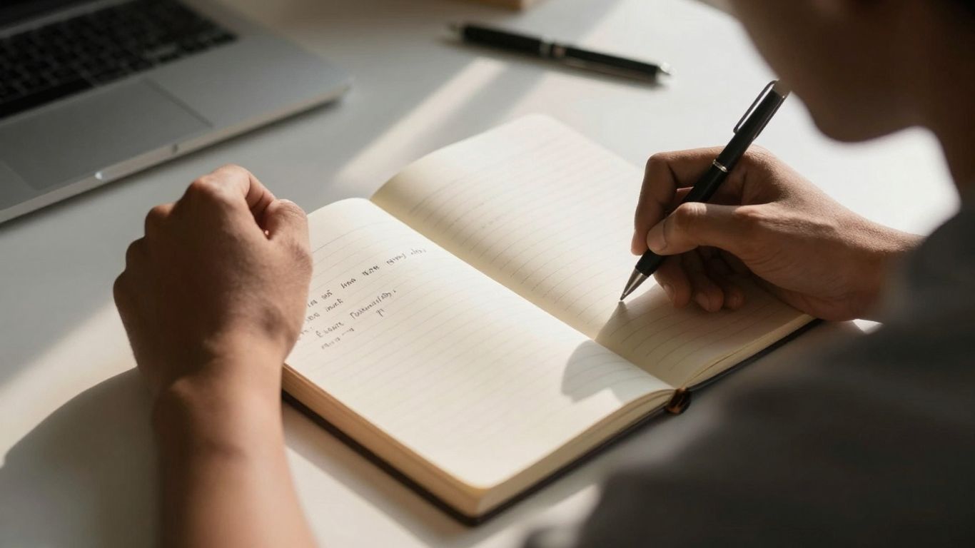 Person reviewing and correcting thoughts in a notebook.