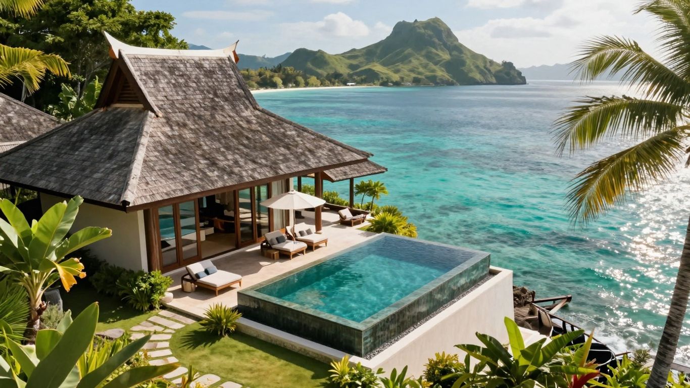 Komodo Island resort with infinity pool and ocean view.