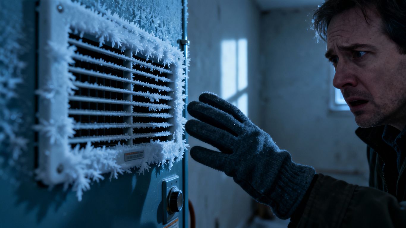 Frosty furnace vent with a concerned homeowner nearby.
