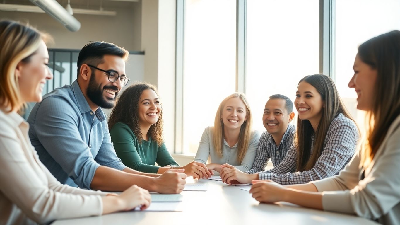 People collaborating and smiling in a bright office.