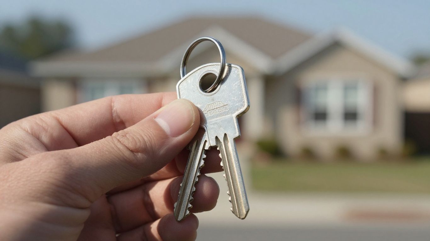 House key in hand, rental property background.