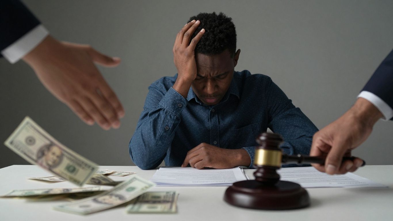 Person stressed by debt and legal documents.