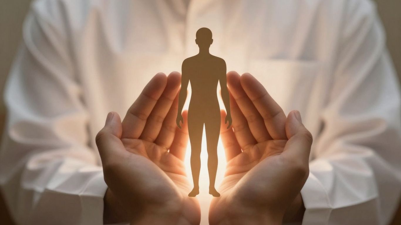 Hands holding a body silhouette with warm light.