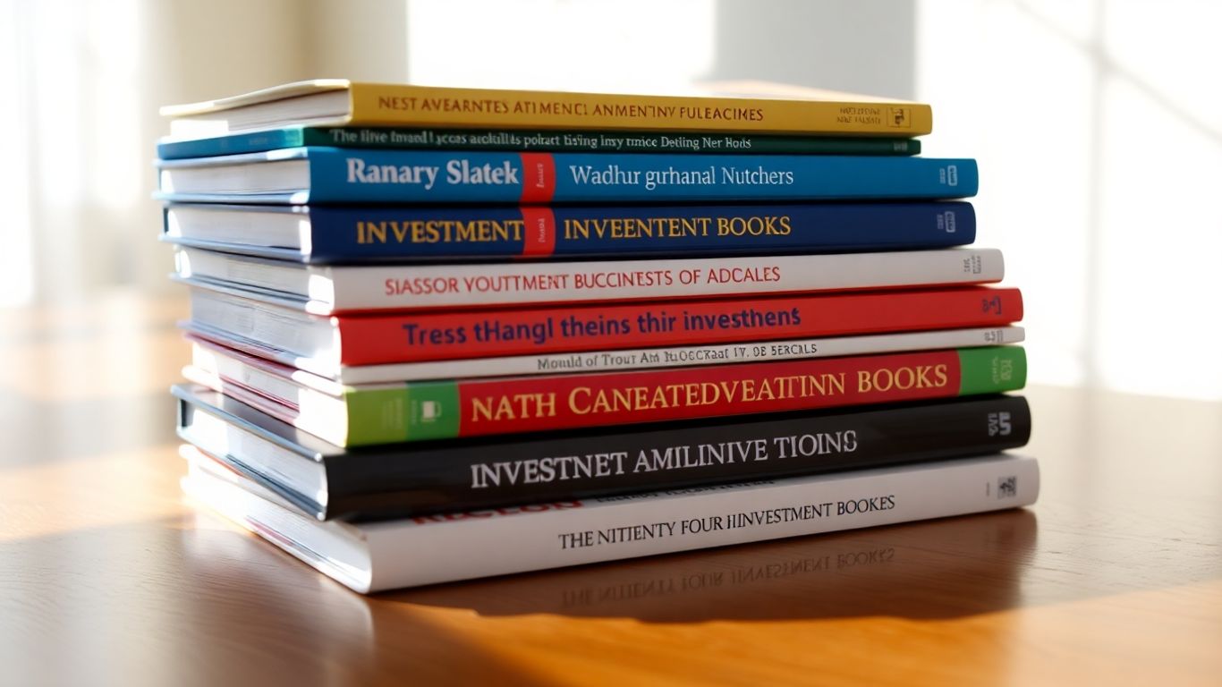 Stack of investment books on a wooden table.