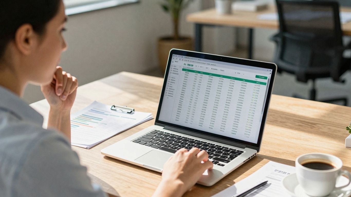 Small business owner reviewing financial data on laptop.