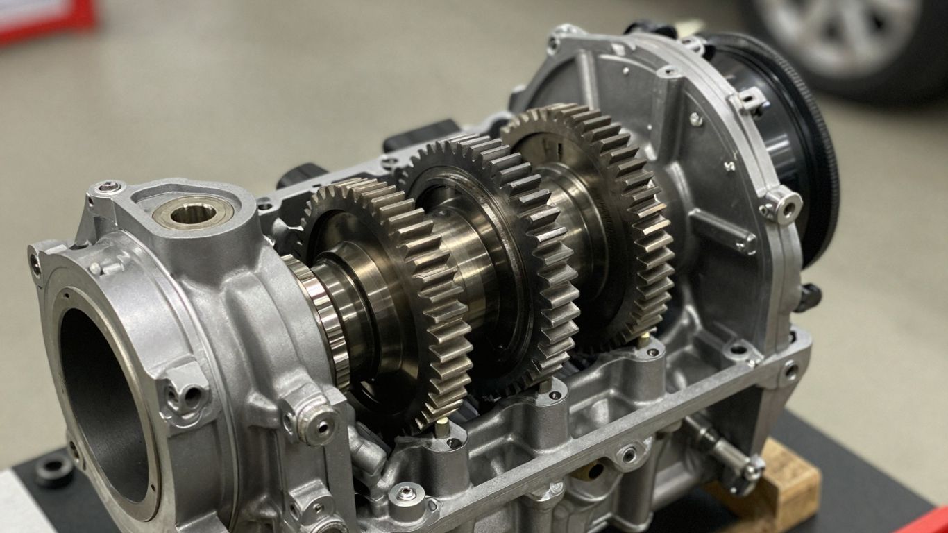 Car transmission close-up with gears visible.