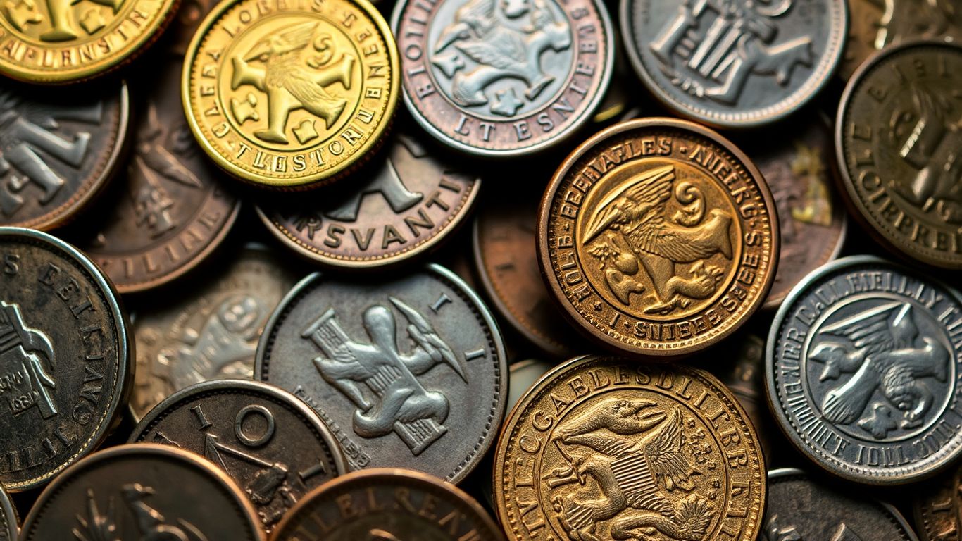 Close-up of antique coins, highlighting rarity and value.