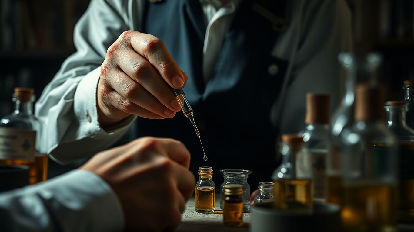 Perfumer blending fragrant oils in a vintage laboratory setting.