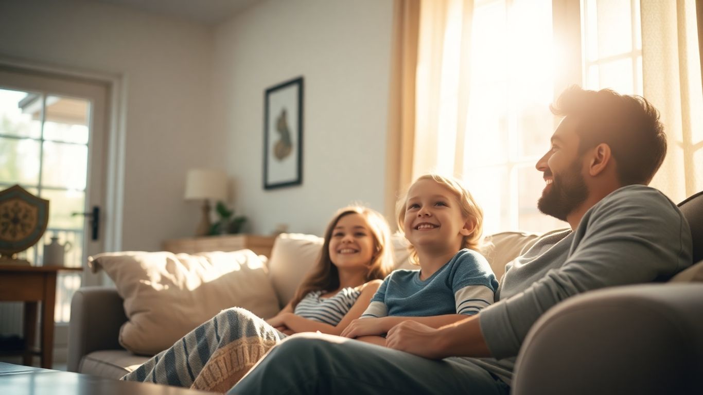 Familia feliz en casa con seguro de hogar 24h.