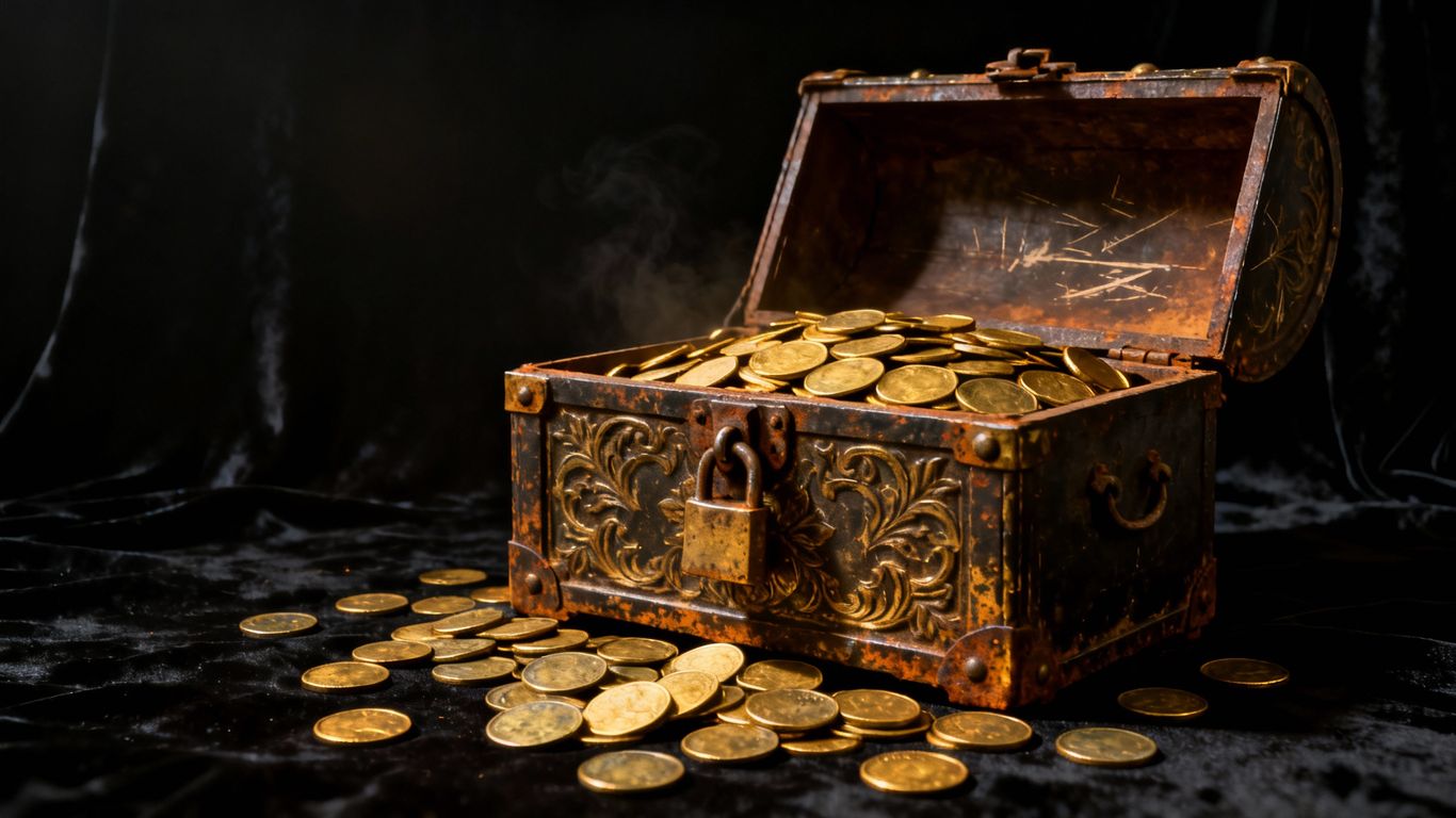 Empty treasure chest with few coins remaining