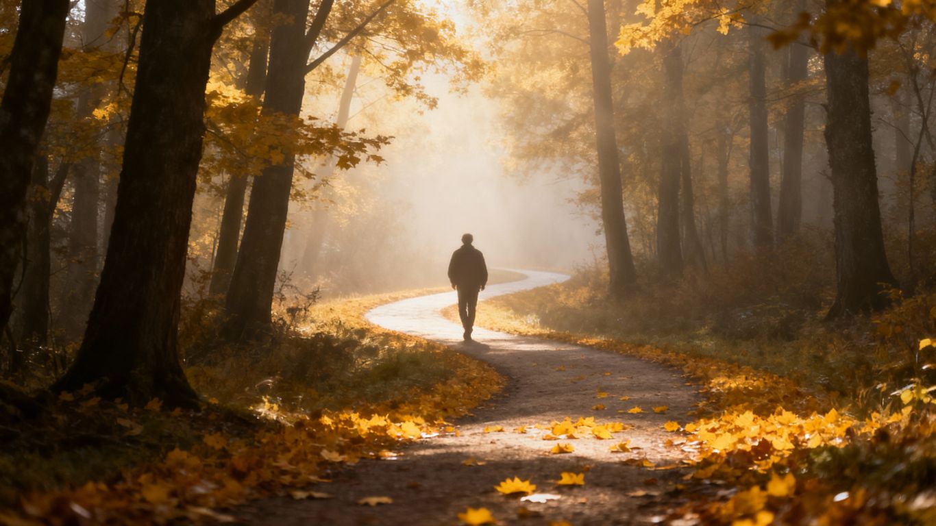 Path leading into a misty, sunlit forest.