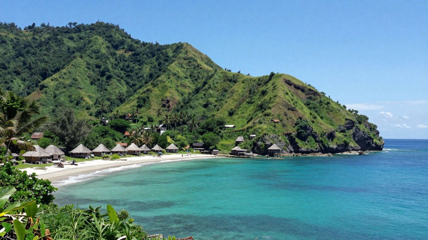 Sumba Island landscape with hills, ocean, and traditional houses.