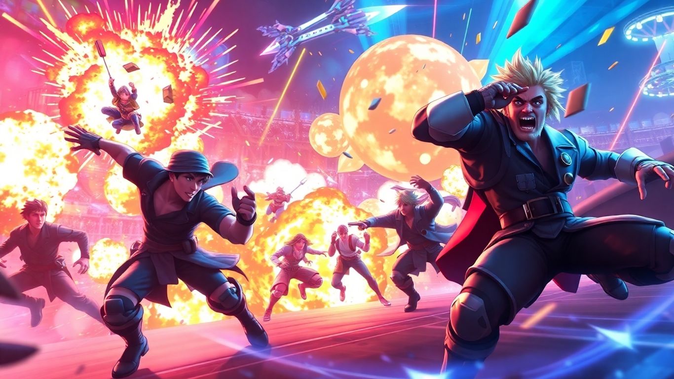 Esports players in intense digital battle, bright lights.