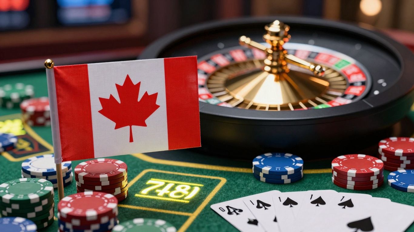 Canadian casino gaming with chips and cards.