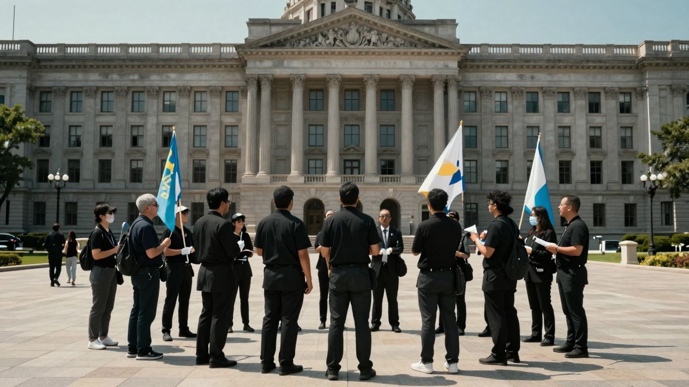 Oameni adunați în fața unei clădiri guvernamentale.