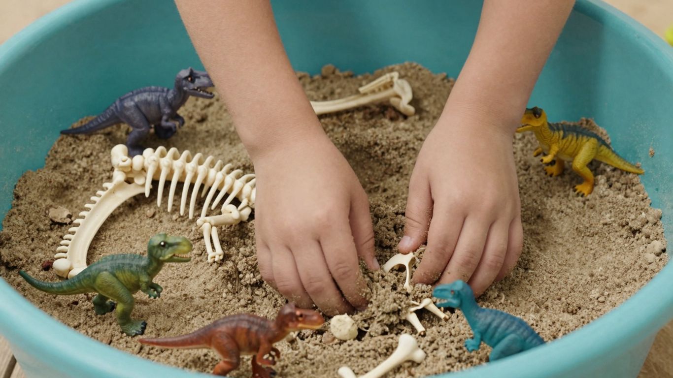 Child's hands digging for dinosaur bones in a sensory bin.