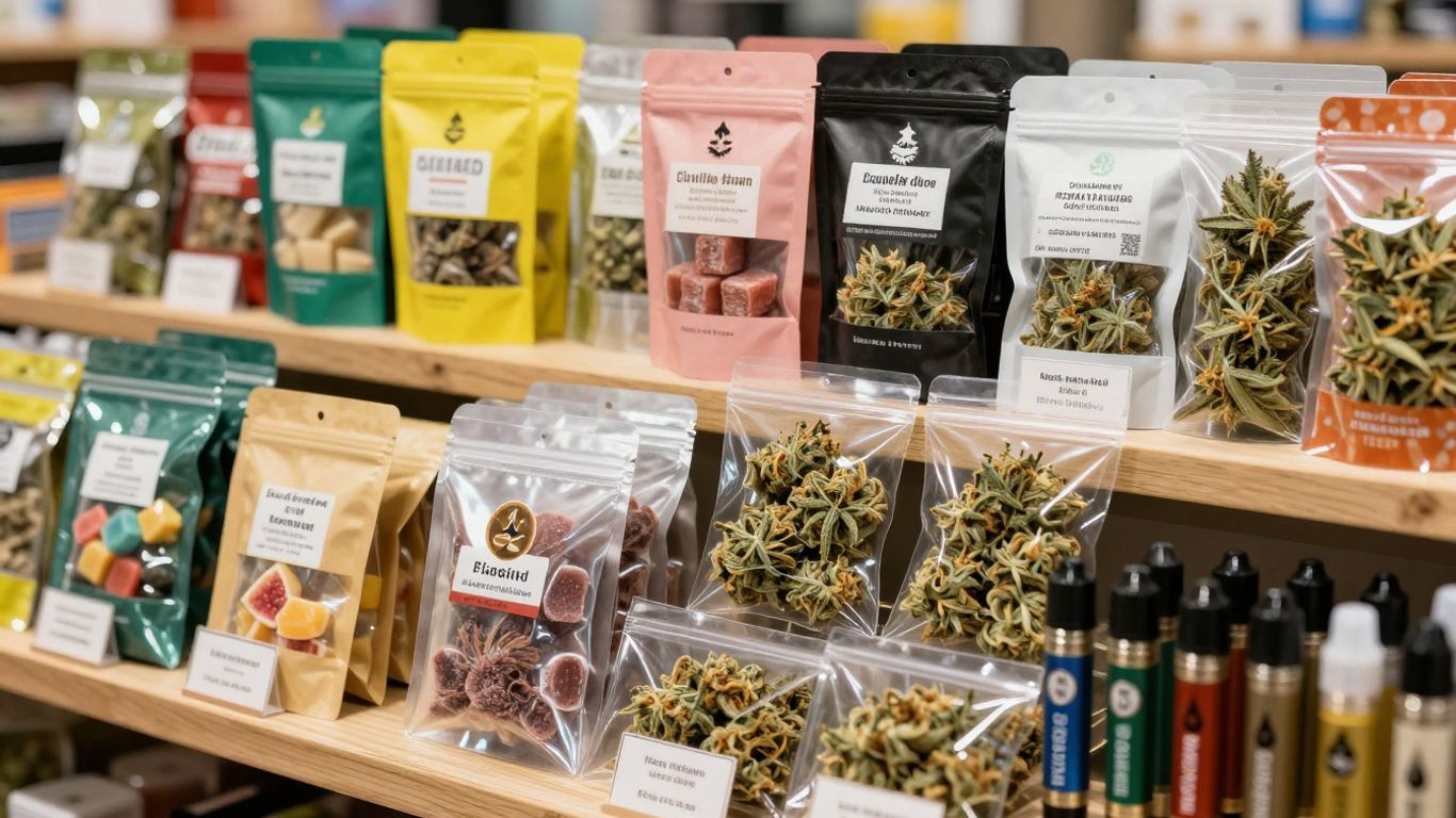Colorful cannabis products on display at a dispensary.