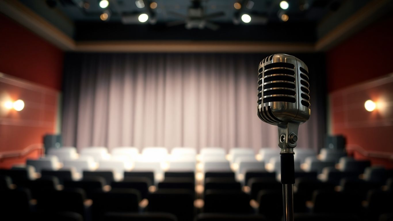 Empty theatre stage with a spotlight on a microphone.
