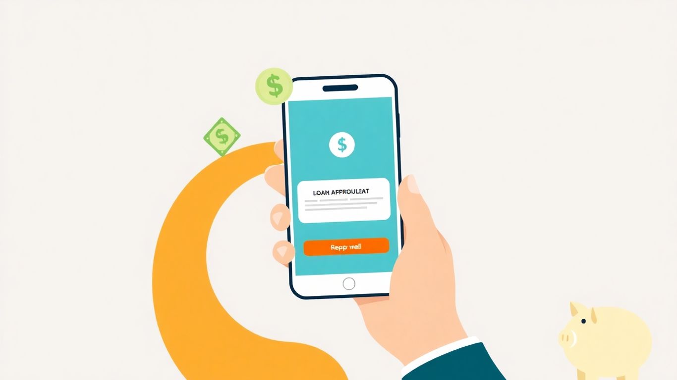 Loan approval on a smartphone with money icons.