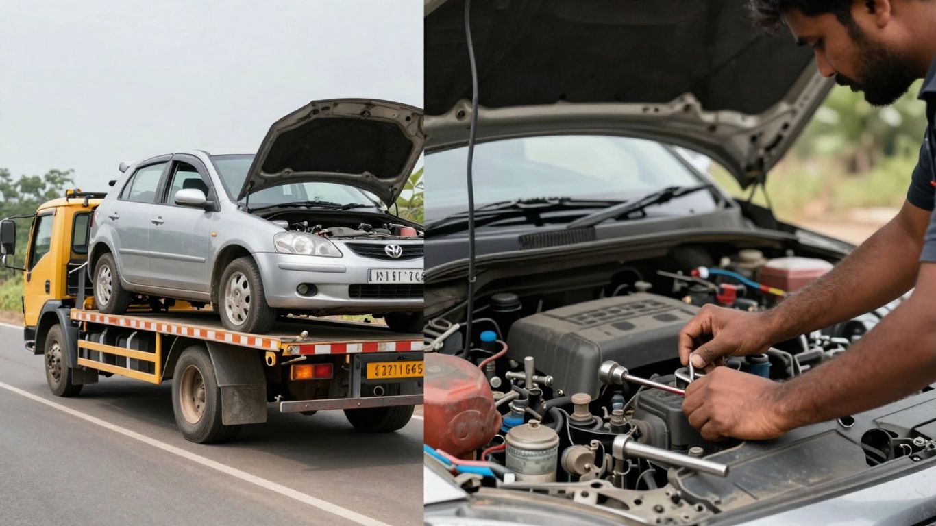 Tow truck with car vs. person fixing car