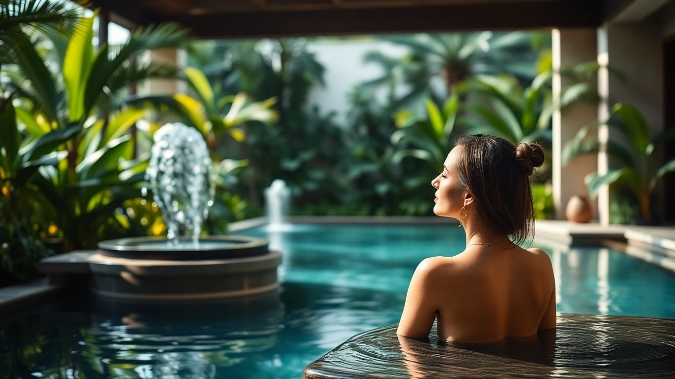 Florentina relaxând într-un spa luxos, înconjurat de natură.