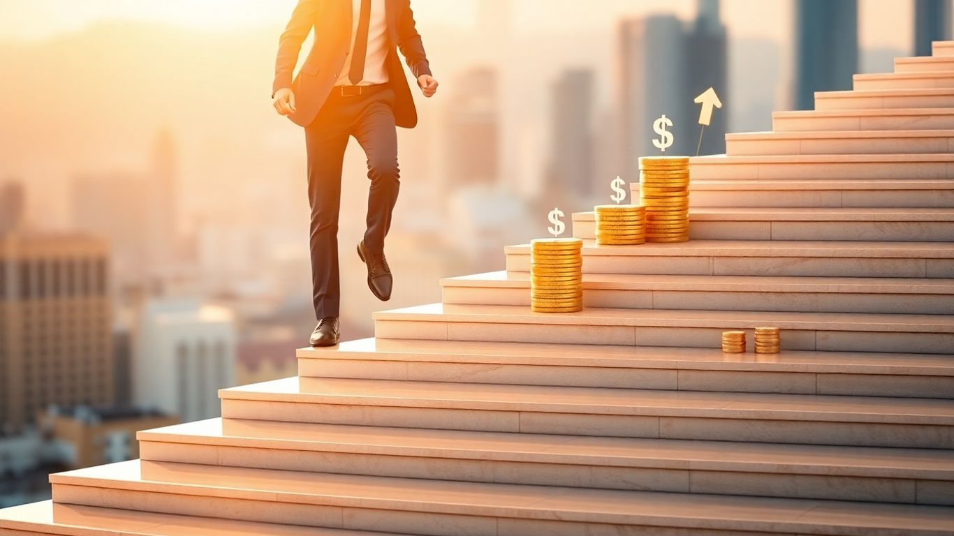 Person climbing stairs with gold coins towards career success.