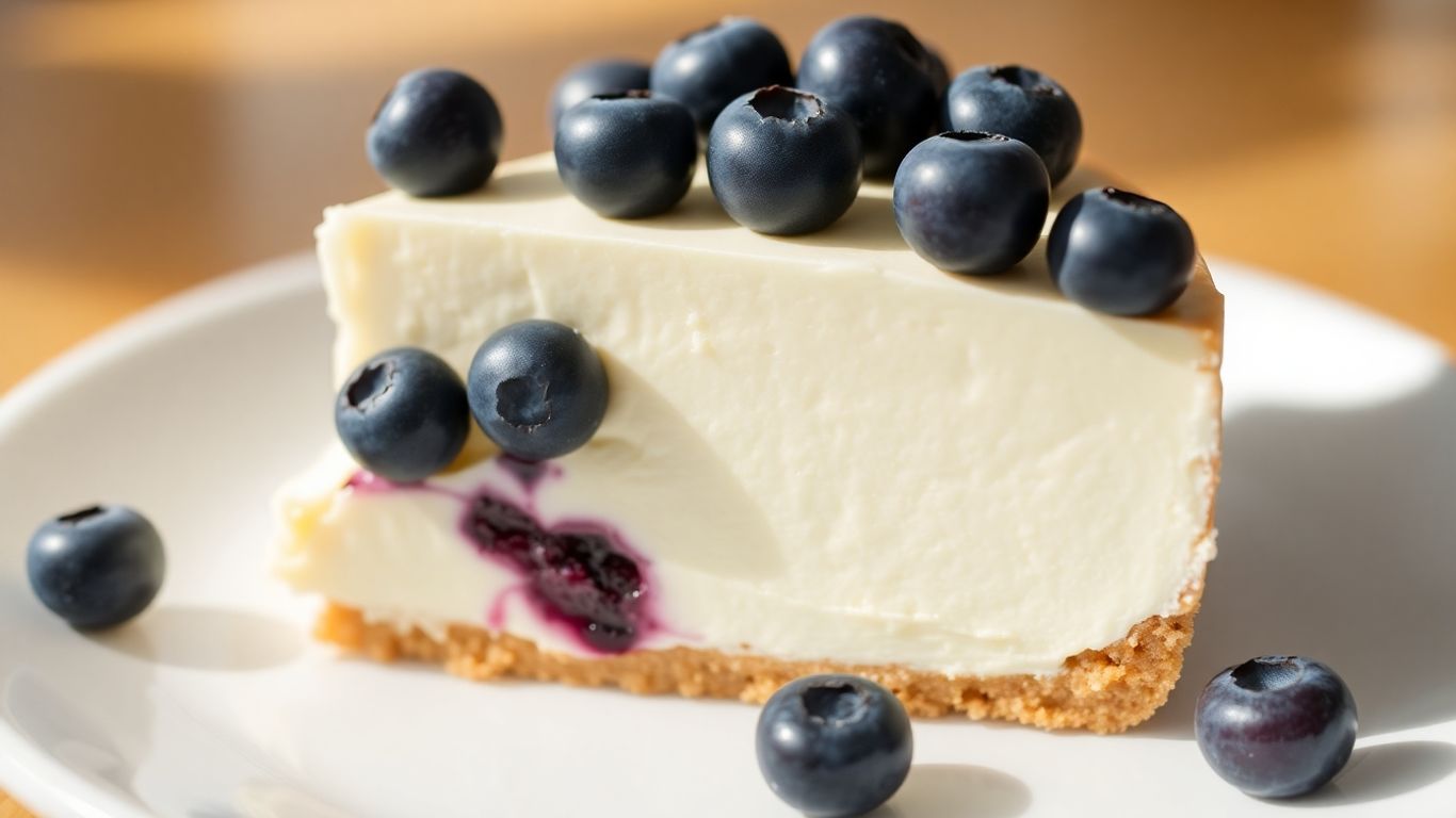 Creamy no-bake blueberry cheesecake slice with fresh blueberries on top.