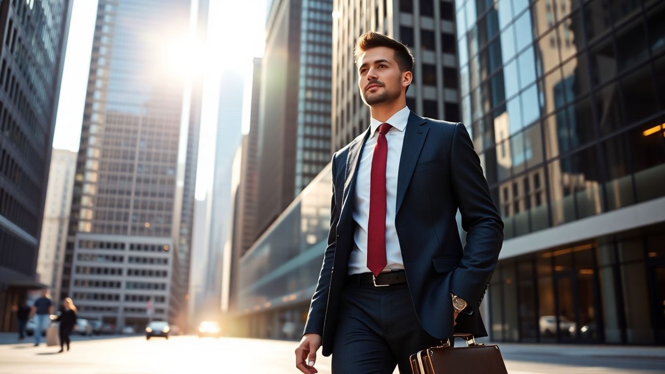 Professional walking in a busy financial district