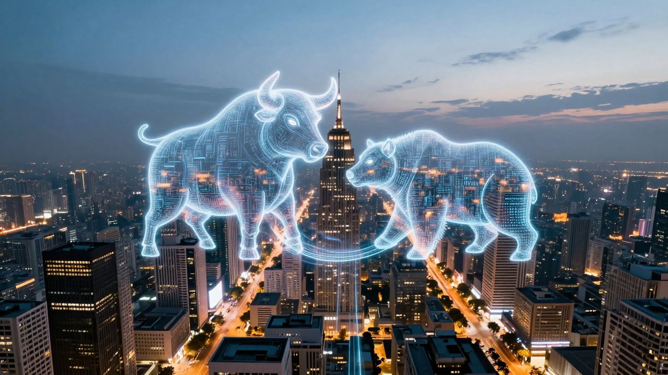 Futuristic crypto city with bull and bear symbols.