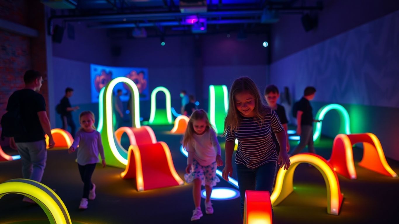 Families playing glowing mini golf at Mini Golf Glow Zone