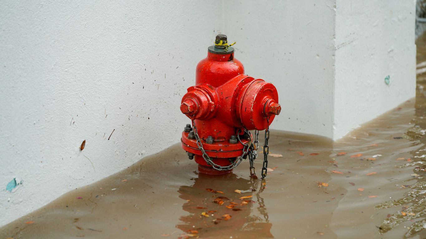 A red fire hydrant in a flooded area