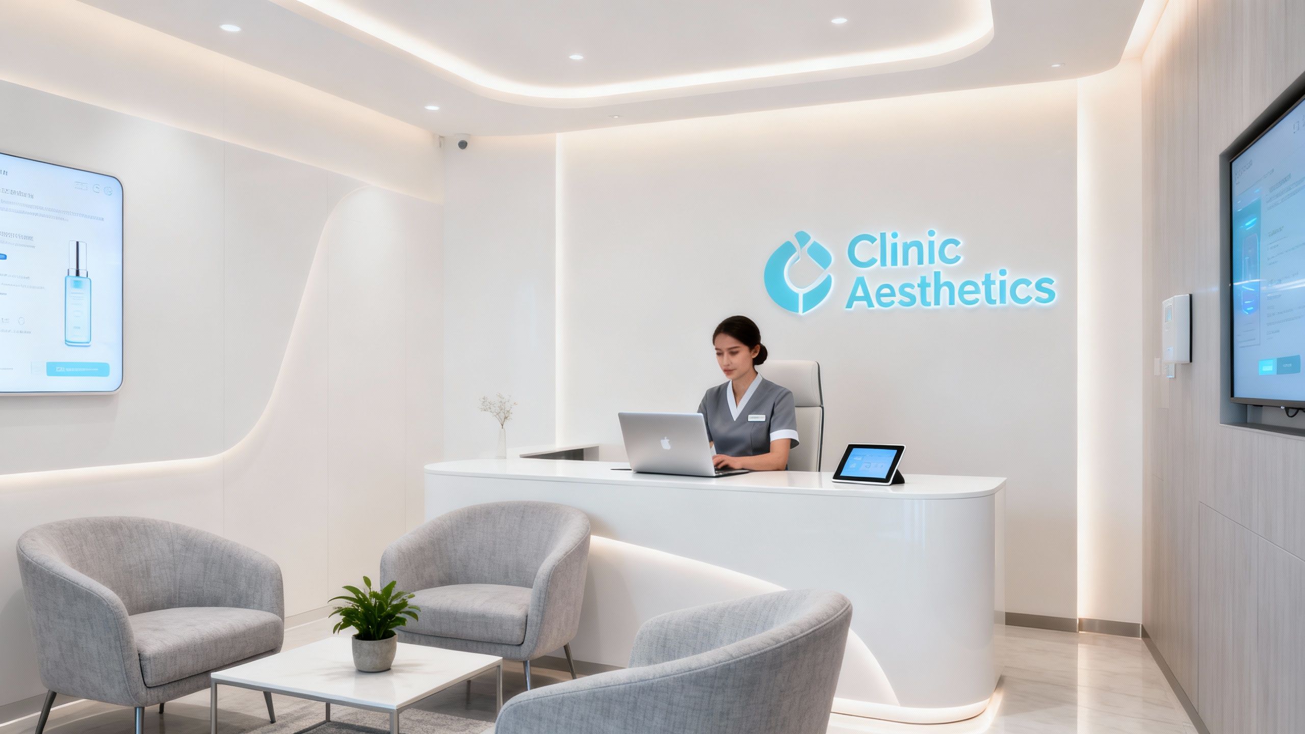 Aesthetic clinic reception area with staff using a computer.