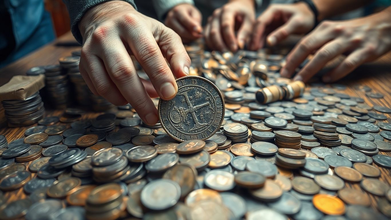 Hands searching coins, finding dramatic off-center strike error.