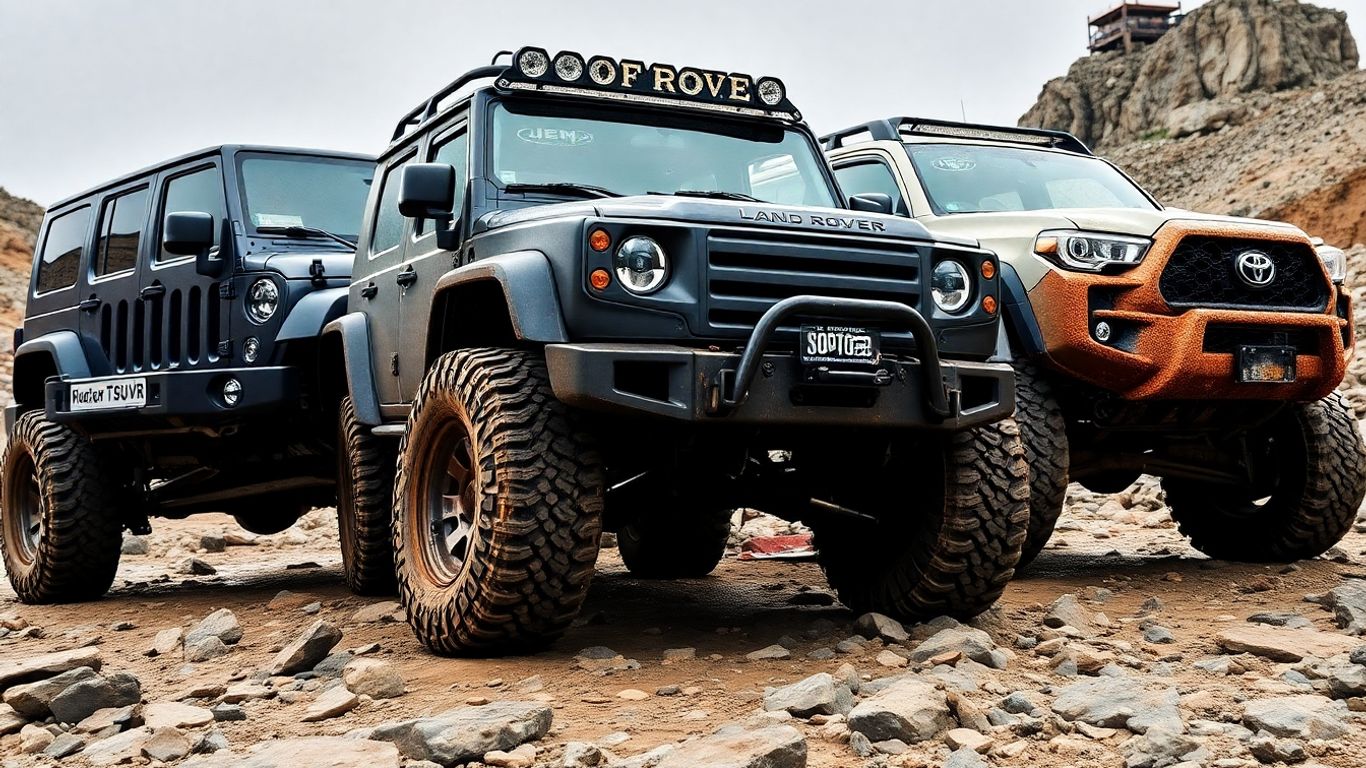 Offroad-SUVs Jeep, Land Rover und Toyota im Gelände