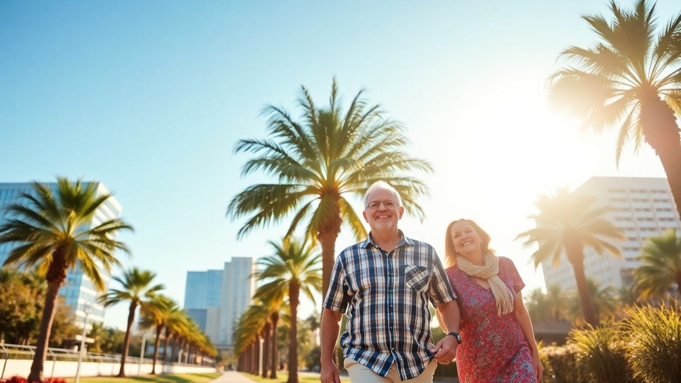 Couple enjoying retirement in Dallas with palm trees and architecture.