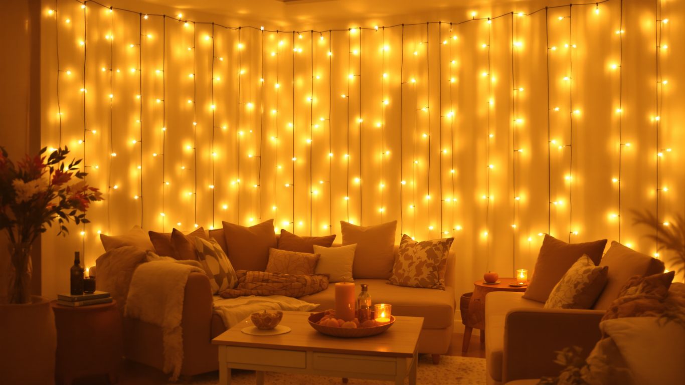 Cozy living room with warm, golden ambient lighting.