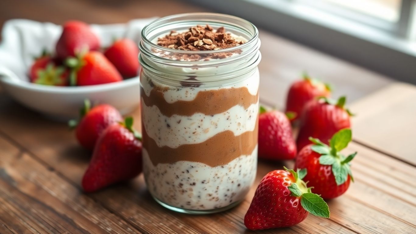 Tiramisu overnight oats in a glass jar with toppings
